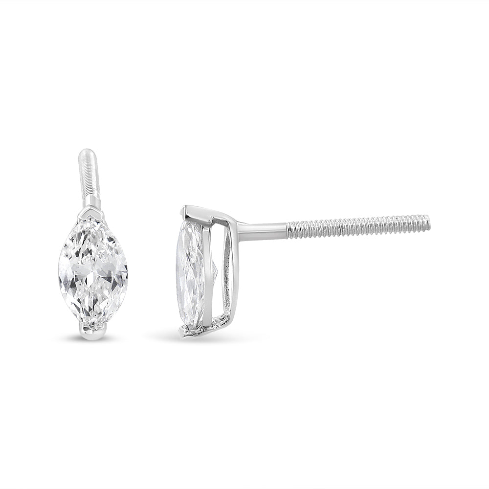 Pair of white metal earrings with marquise-shaped white gemstones in a 2-prong setting, shown from front and side angles.