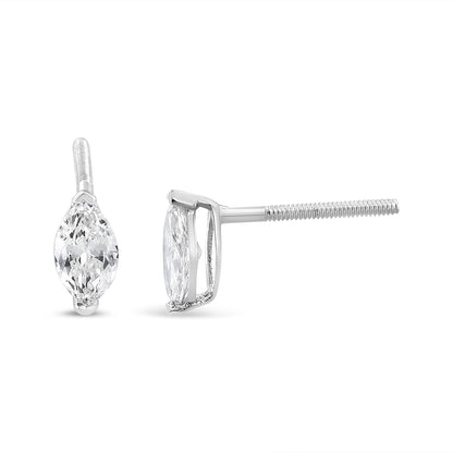 Pair of white metal earrings with marquise-shaped white gemstones in a 2-prong setting, shown from front and side angles.