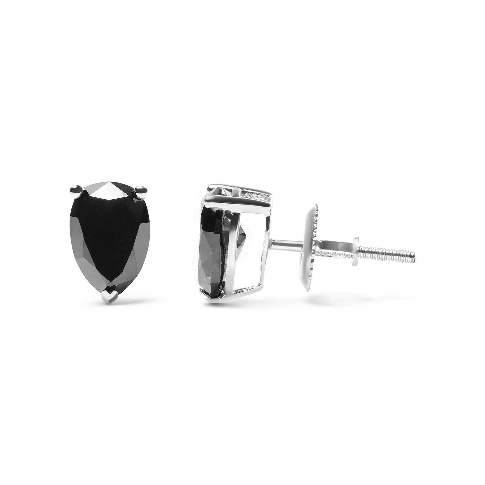 Pair of white metal earrings with pear-shaped black gemstones in prong settings, shown from front and side angles on a white background.