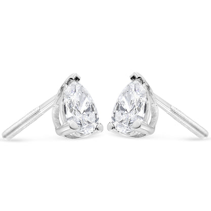Pair of white metal earrings with pear-shaped white gemstones in a three-prong setting, shown from the front angle.
