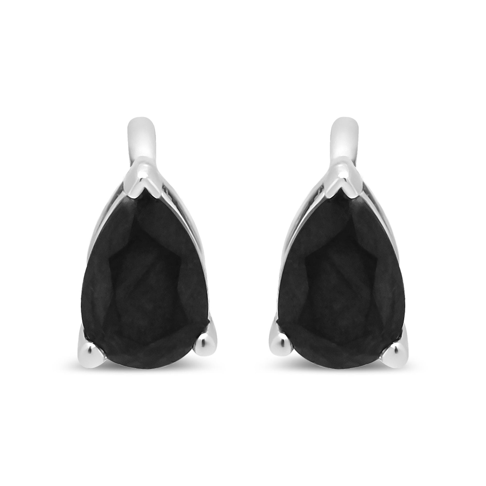 Front view of white metal earrings featuring pear-shaped black gemstones in a 3-prong setting.