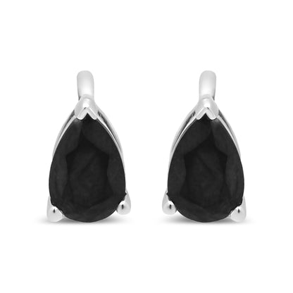 Front view of white metal earrings featuring pear-shaped black gemstones in a 3-prong setting.