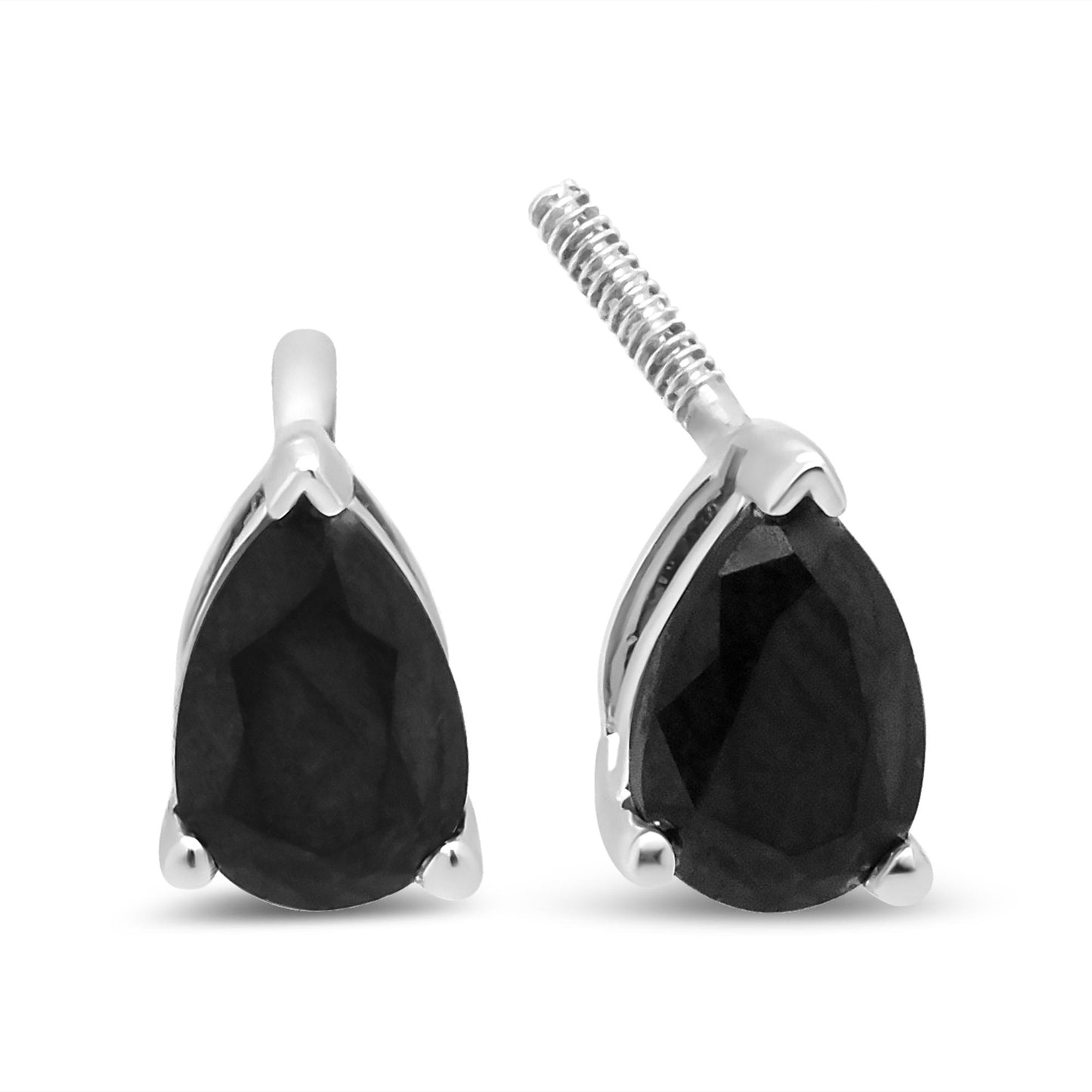 Front angle view of white metal earrings with pear-shaped black gemstones in 3-prong settings.