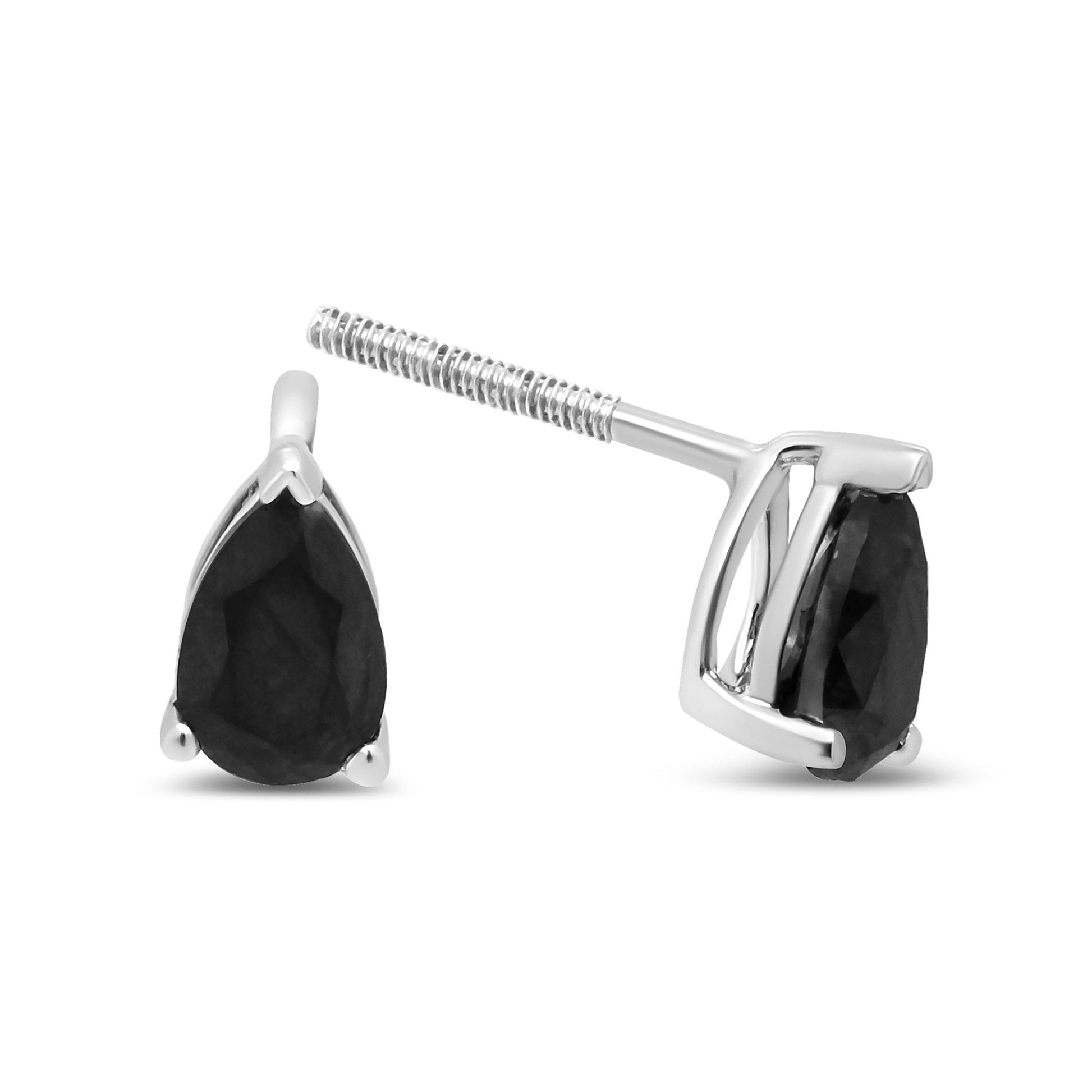 Close-up front and side view of white metal stud earrings with pear-shaped black gemstones in 3-prong settings.
