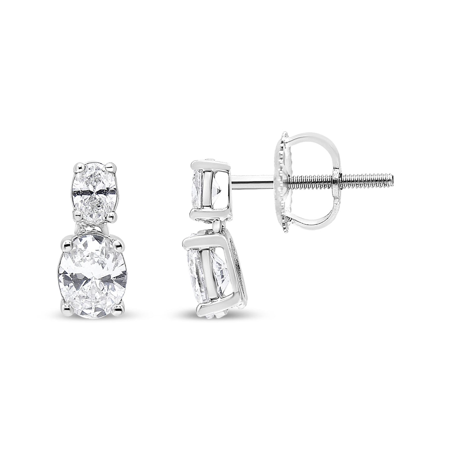 Front and side view of white metal earrings featuring two oval-shaped white gemstones in four-prong settings.