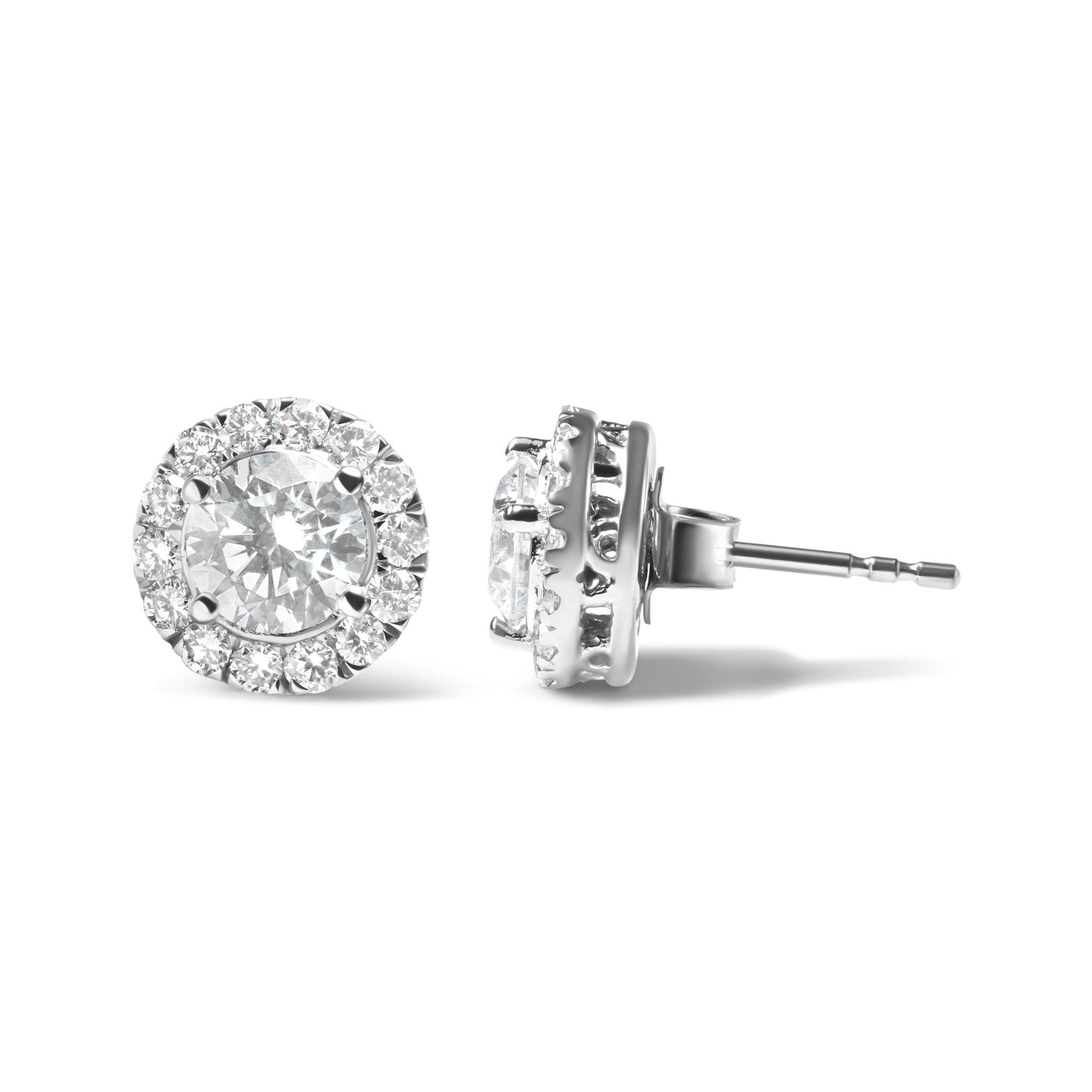 Front and side view of round-shaped white metal stud earrings with a central round white gemstone surrounded by smaller round white gemstones in prong settings on a white background.