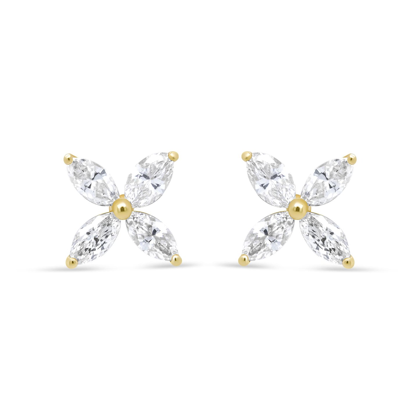 Front view of yellow metal earrings with four marquise-shaped white gemstones arranged in a floral pattern.