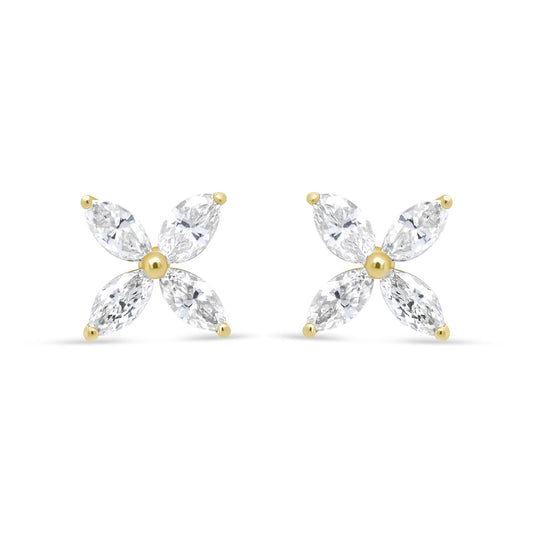 Front view of yellow metal earrings with four marquise-shaped white gemstones arranged in a floral pattern.