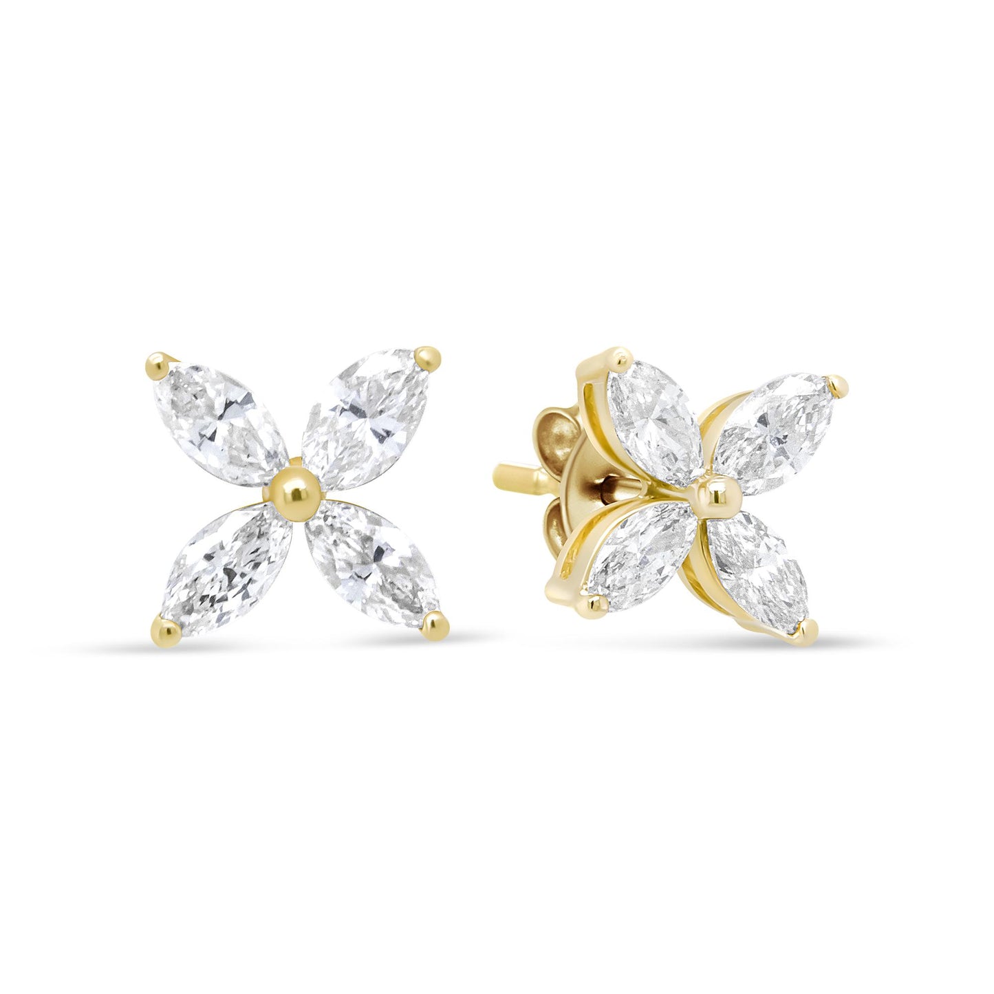Pair of yellow metal stud earrings with four marquise-shaped white gemstones arranged in a flower shape, shown from front and side angles.