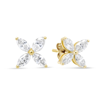Pair of yellow metal stud earrings with four marquise-shaped white gemstones arranged in a flower shape, shown from front and side angles.