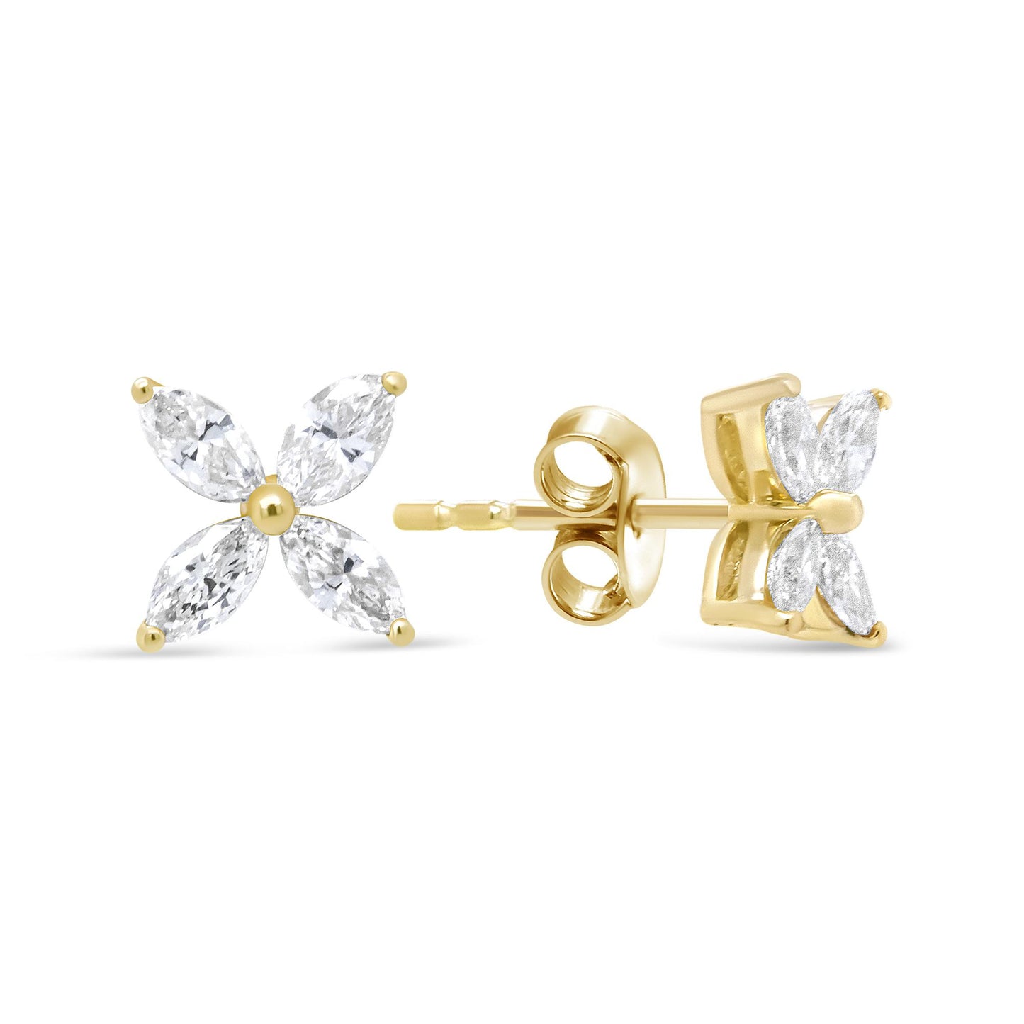 Pair of yellow metal stud earrings with marquise-shaped white gemstones arranged in a floral pattern, shown from front and side angles.