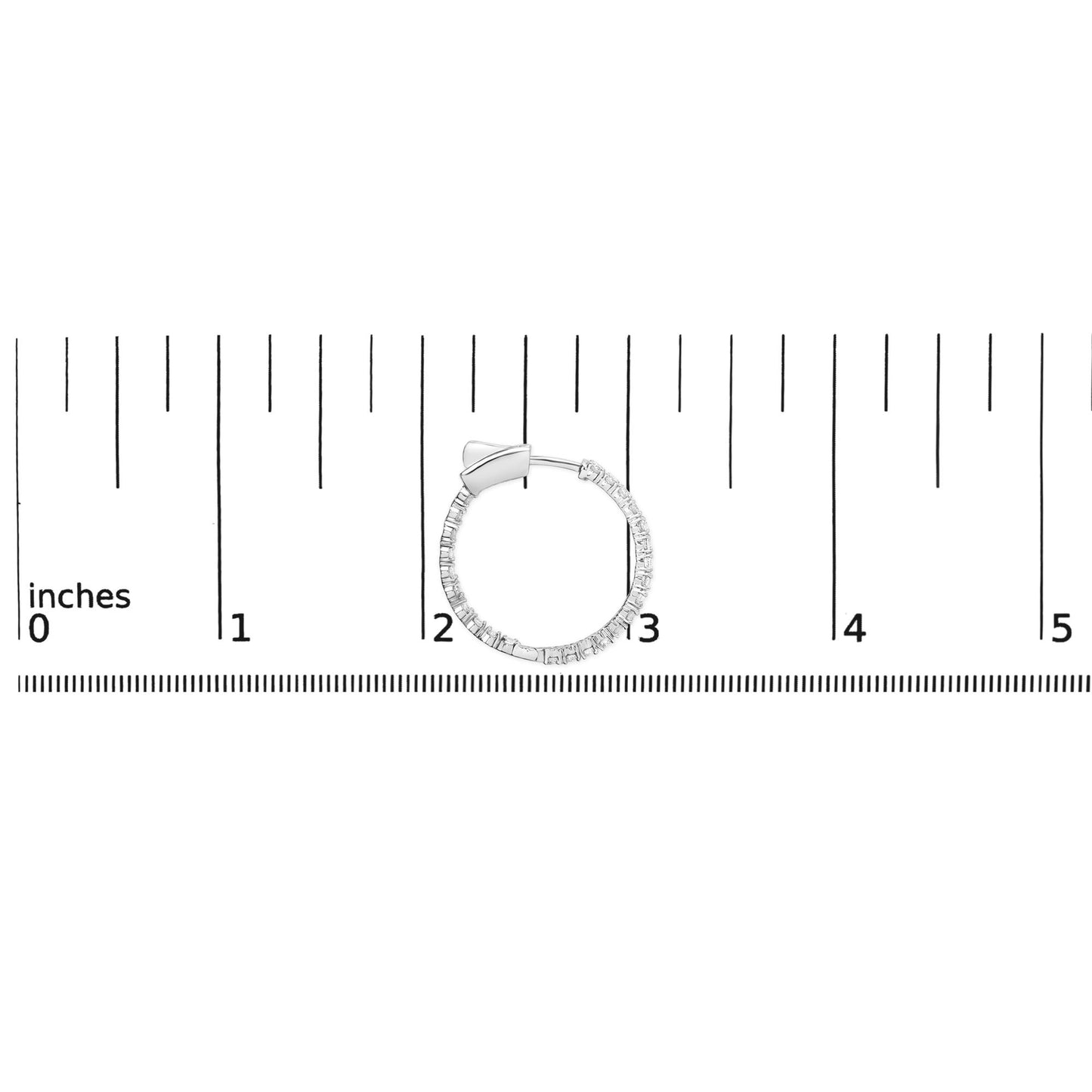 White metal hoop earring with round white gemstones in prong setting, shown from side angle on a ruler for size reference.