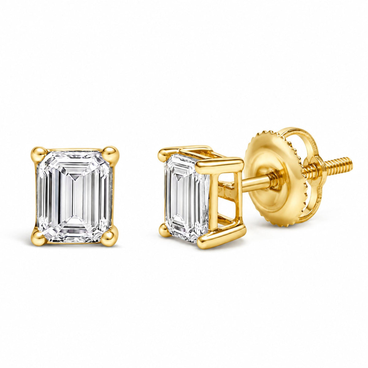 Close-up front and side view of yellow metal stud earrings with white emerald-shaped gemstones in four-prong settings shown on a white background.