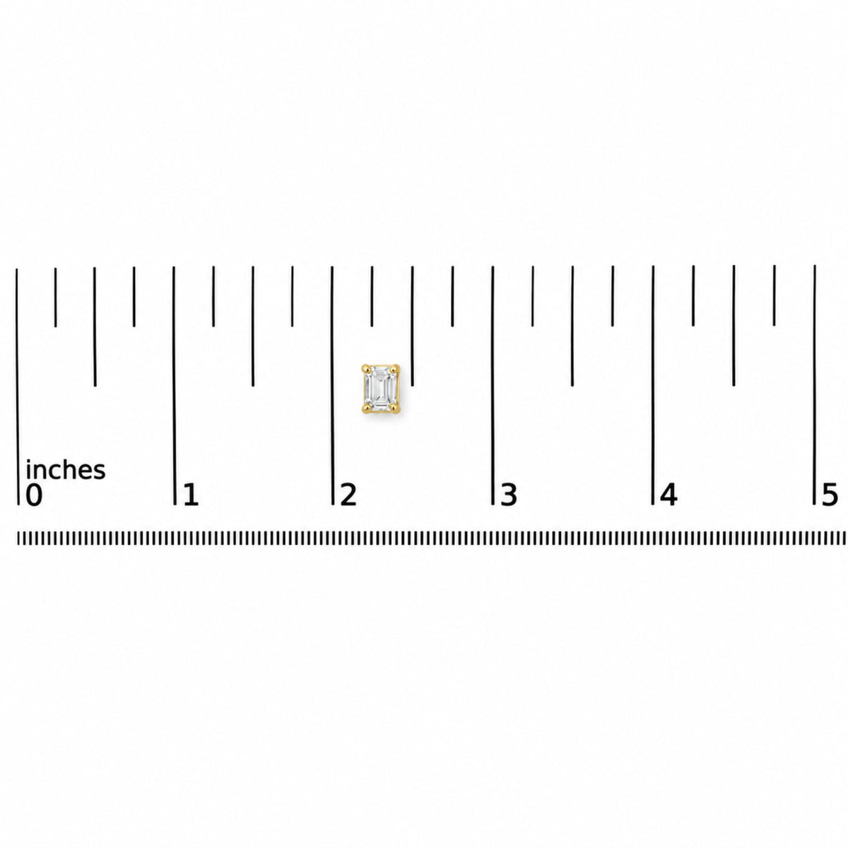Close-up front view of a single yellow metal earring with an emerald-shaped white gemstone in a four-prong setting, shown on a ruler scale.