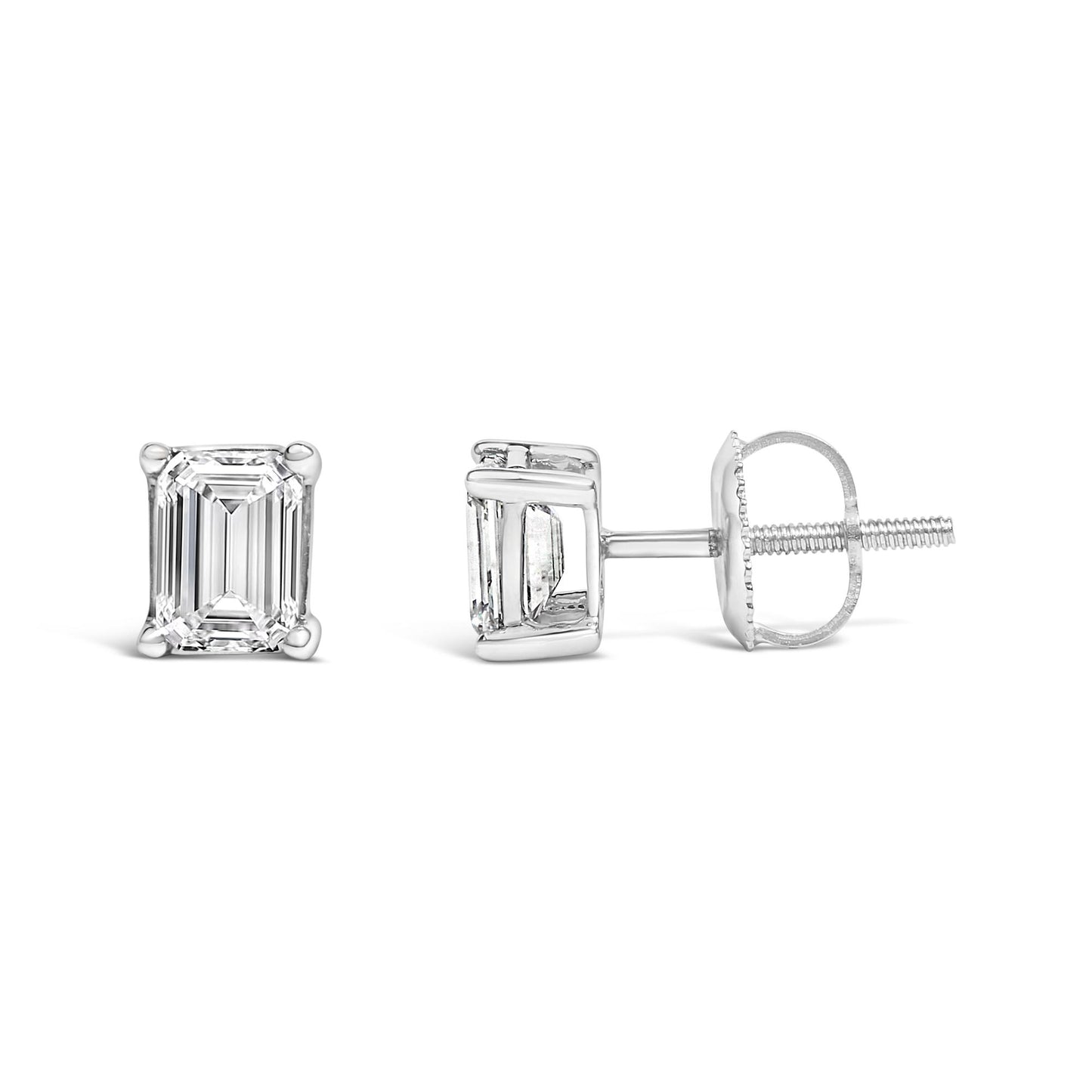 Pair of white metal stud earrings with emerald-shaped white gemstones in four-prong settings, shown from front and side angles on a white background.