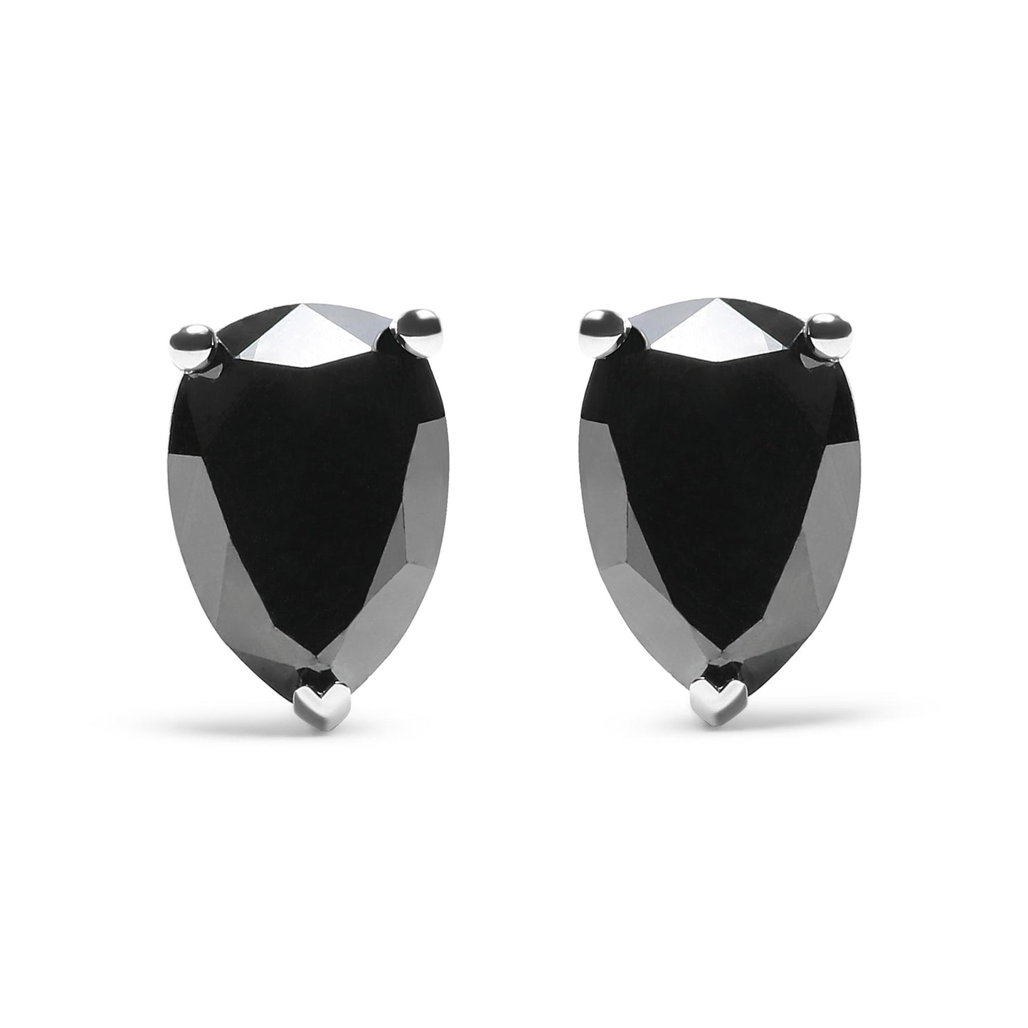 Front view of white metal pear-shaped stud earrings with prong-set black gemstones.