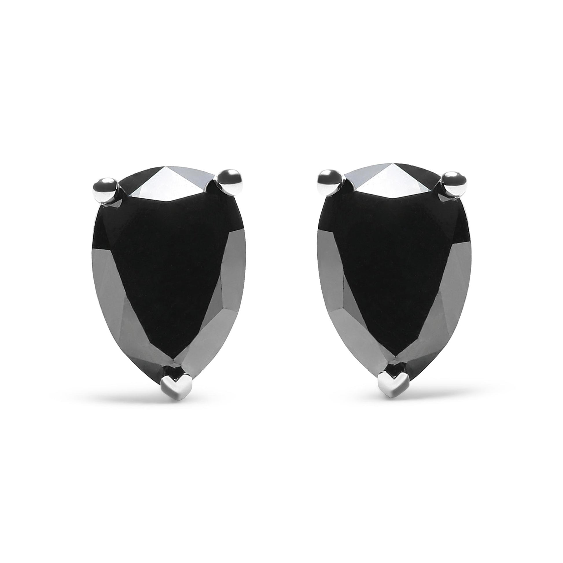 Front view of white metal pear-shaped stud earrings with prong-set black gemstones.