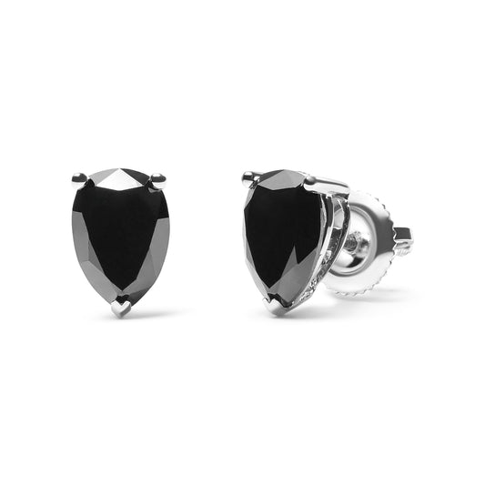 Pair of white metal stud earrings with pear-shaped black gemstones in prong settings, shown from front and side angles on a white background.
