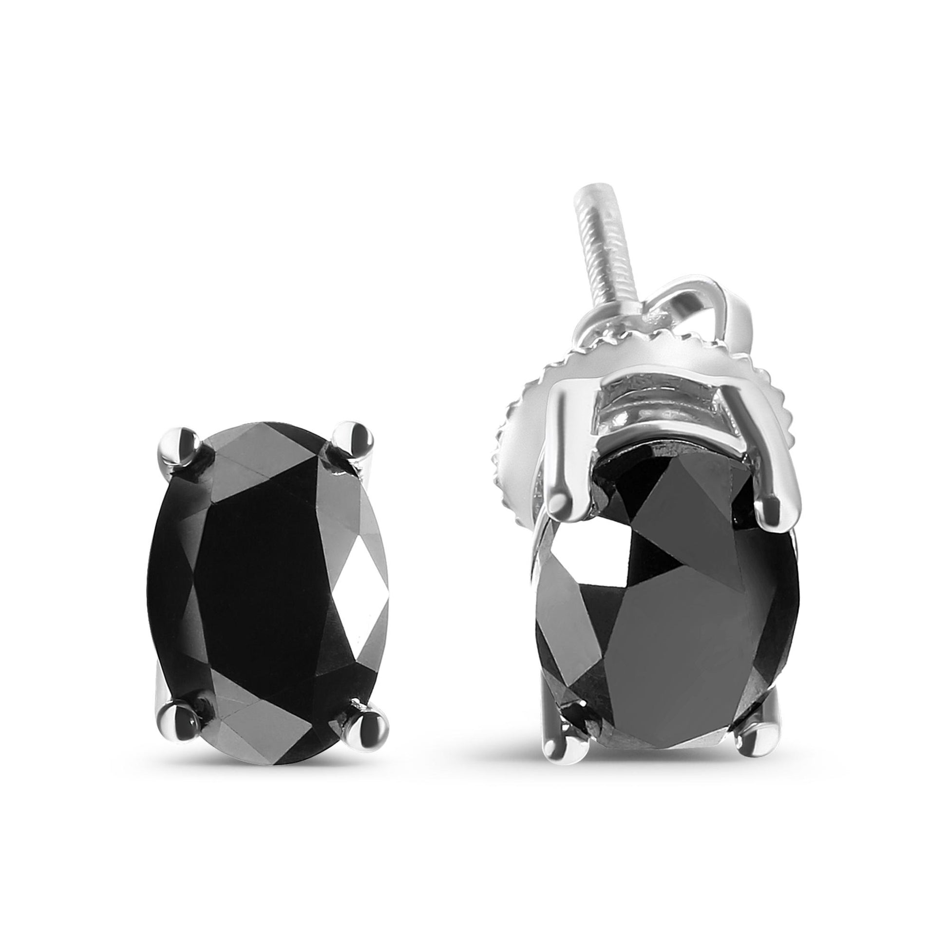 Pair of white metal earrings with oval-shaped black gemstones in prong settings, shown from front and side angles.