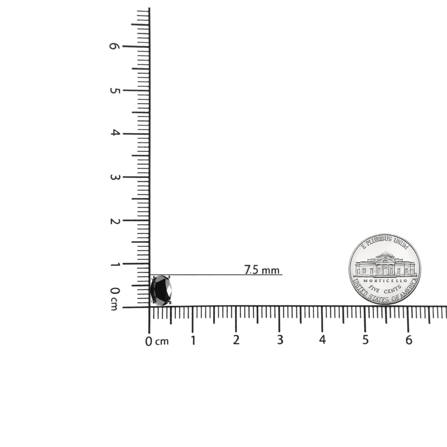 White metal earring with an oval black gemstone in prong setting, shown from the front on a ruler and scale for size reference with a coin nearby.