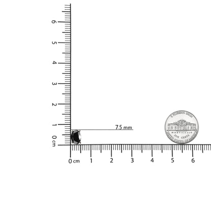 White metal earring with an oval black gemstone in prong setting, shown from the front on a ruler and scale for size reference with a coin nearby.