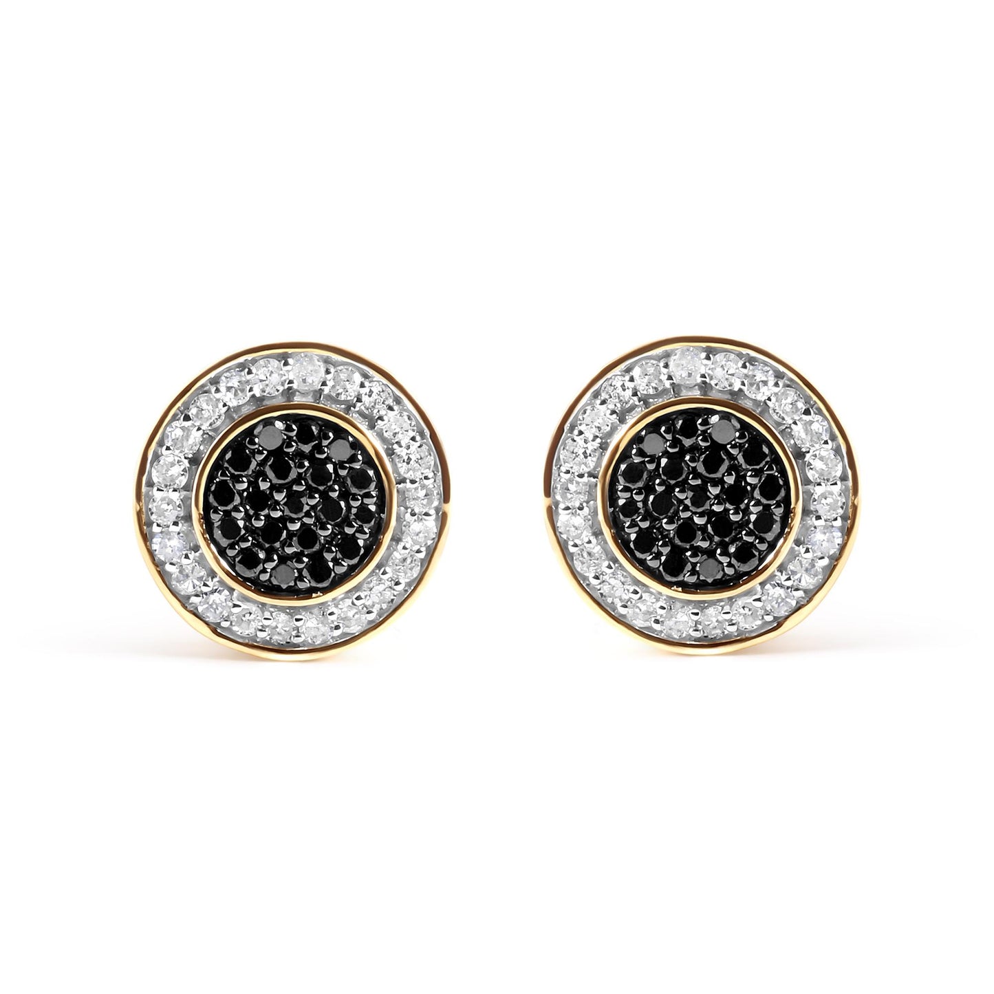 Front view of yellow metal round earrings with central cluster of black gemstones surrounded by a circle of white gemstones.