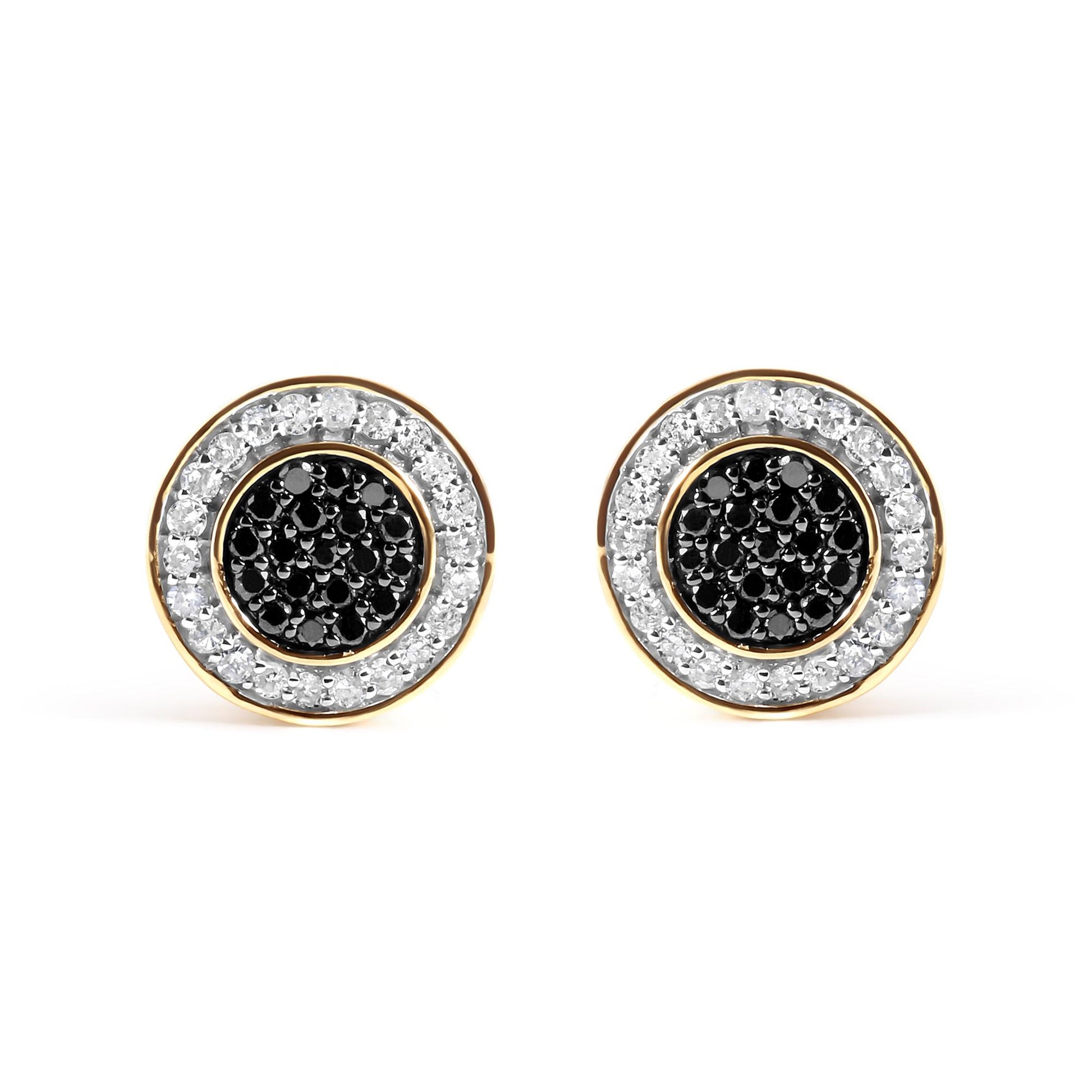 Front view of yellow metal round earrings with central cluster of black gemstones surrounded by a circle of white gemstones.