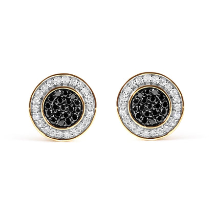 Front view of yellow metal round earrings with central cluster of black gemstones surrounded by a circle of white gemstones.