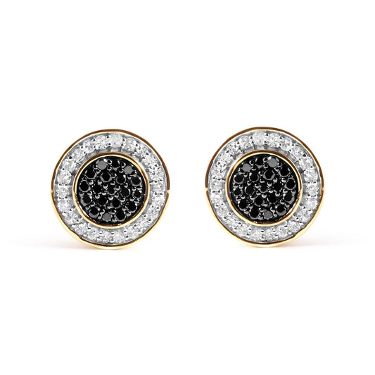 Front view of yellow metal round earrings with central cluster of black gemstones surrounded by a circle of white gemstones.
