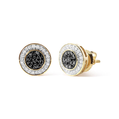 Pair of round yellow metal stud earrings with a center cluster of black gemstones surrounded by a halo of white gemstones, shown from a front and side angle on a white background.