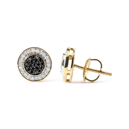 Pair of round yellow metal stud earrings with black and white gemstones in prong settings, shown from front and side angles on a white background.