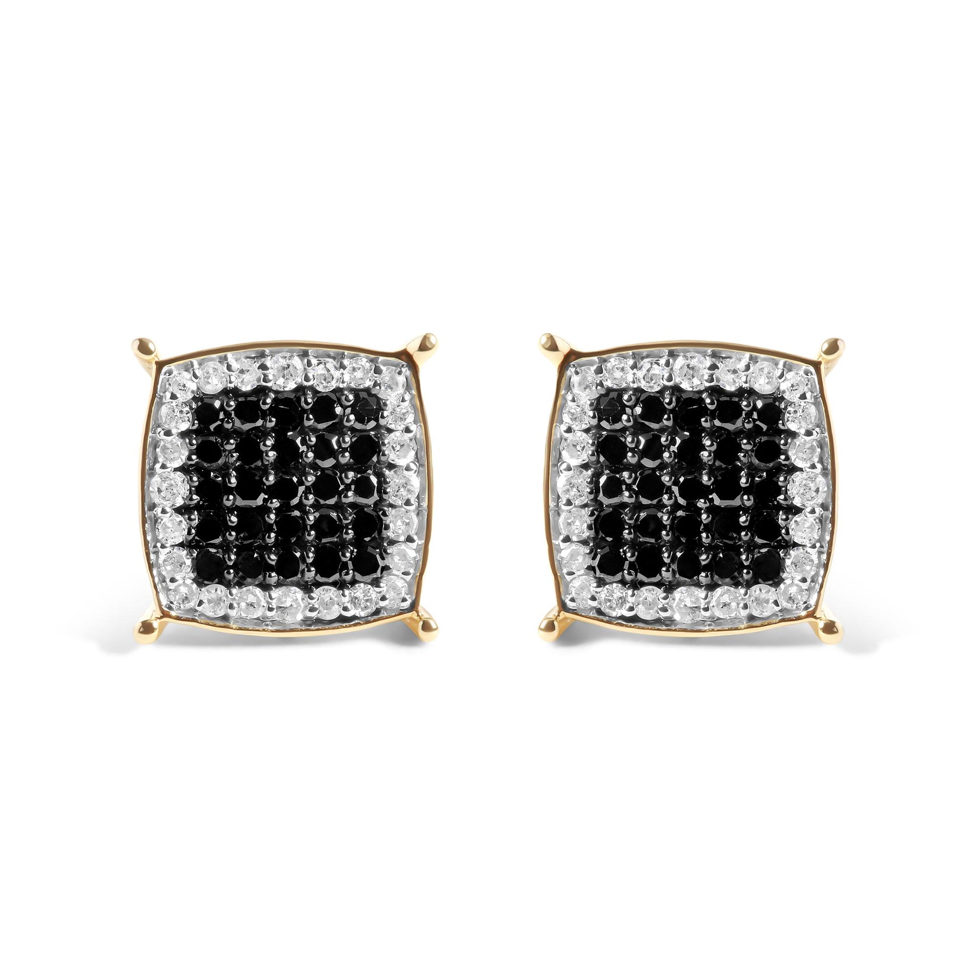 Front angle view of a pair of yellow metal square-shaped earrings featuring a center cluster of black gemstones surrounded by a border of white gemstones in prong settings.