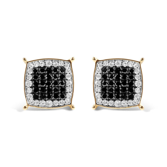 Front angle view of a pair of yellow metal square-shaped earrings featuring a center cluster of black gemstones surrounded by a border of white gemstones in prong settings.