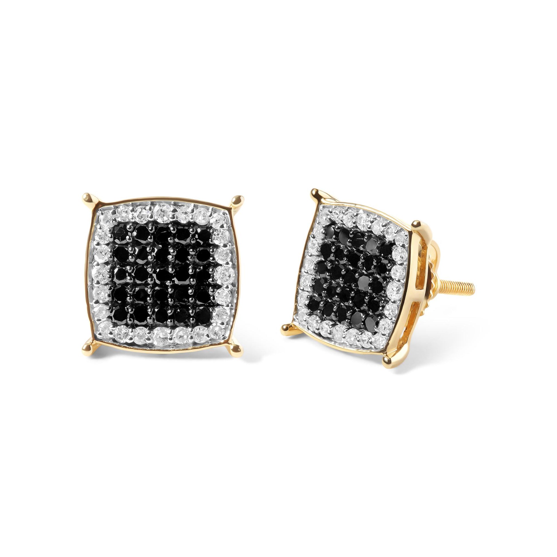 Close-up front and side view of yellow metal square-shaped earrings with clusters of black gemstones surrounded by a border of white gemstones in prong settings.