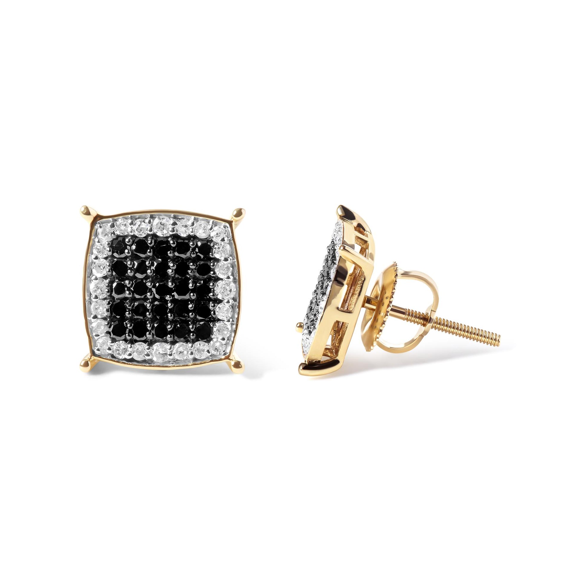 Pair of yellow metal square-shaped stud earrings with black gemstones in the center, surrounded by white gemstones, shown from front and side angles.