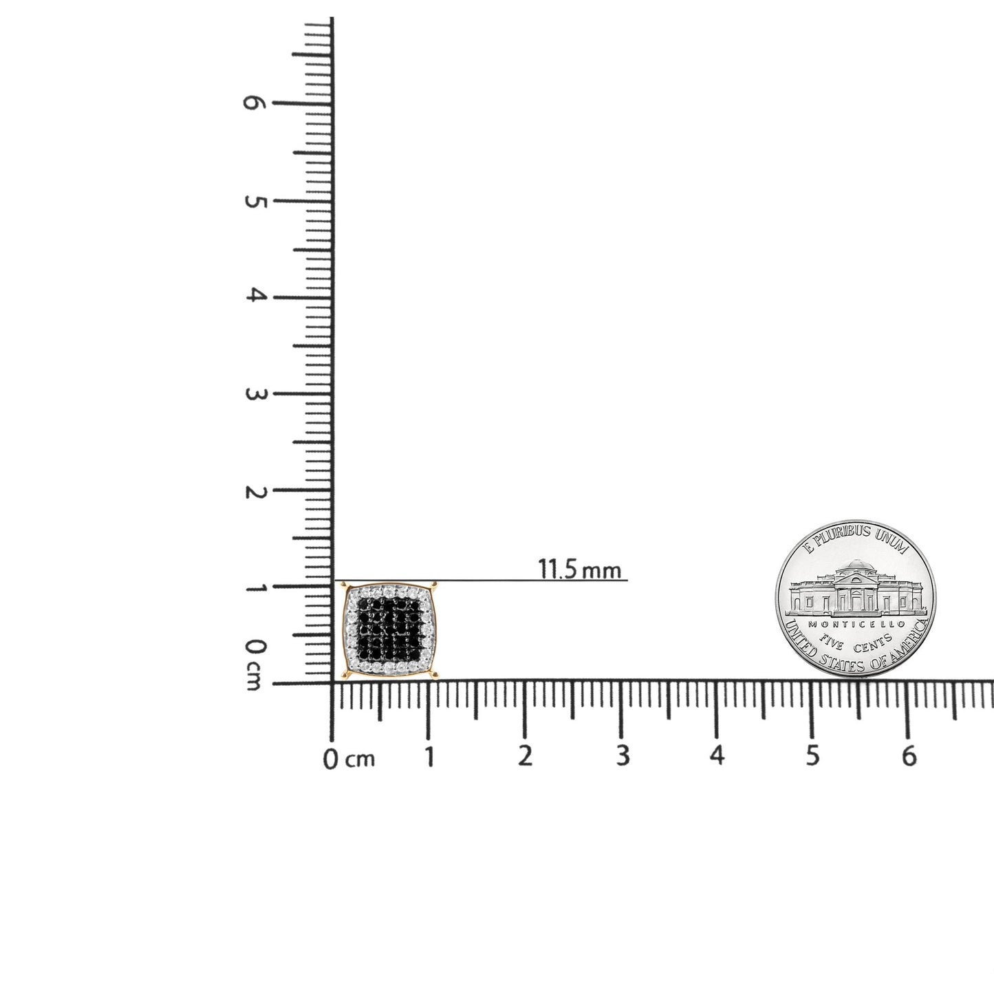 Close-up image of one square-shaped yellow metal earring with a cluster of black gemstones in the center, surrounded by a border of white gemstones, displayed on a ruler for size reference.