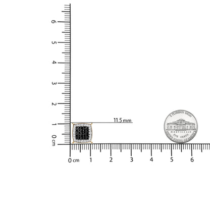 Close-up image of one square-shaped yellow metal earring with a cluster of black gemstones in the center, surrounded by a border of white gemstones, displayed on a ruler for size reference.
