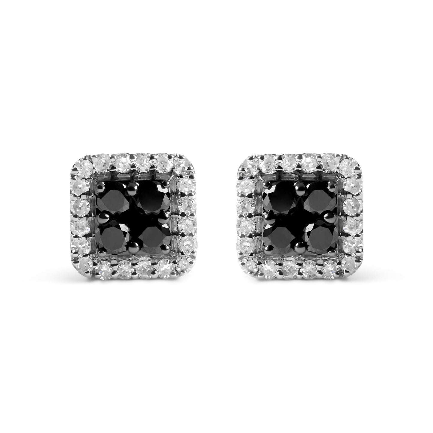 Pair of white metal square-shaped stud earrings with cluster of round black gemstones in the center, surrounded by a border of round white gemstones, shown from the front on a white background.