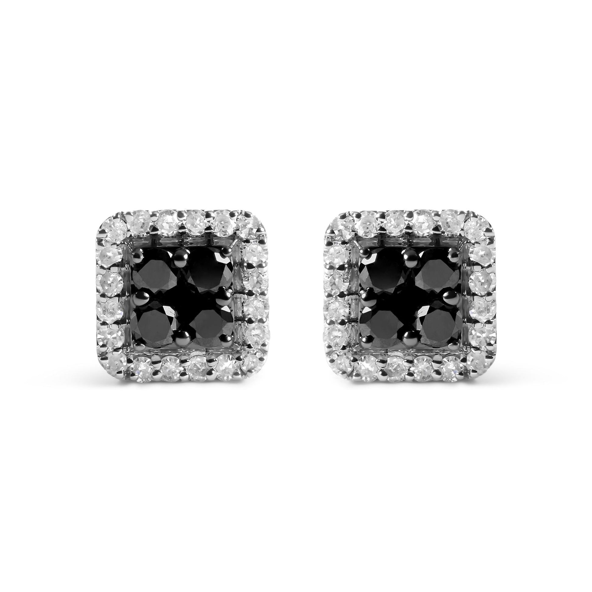 Pair of white metal square-shaped stud earrings with cluster of round black gemstones in the center, surrounded by a border of round white gemstones, shown from the front on a white background.