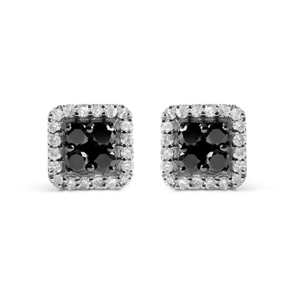 Pair of white metal square-shaped stud earrings with cluster of round black gemstones in the center, surrounded by a border of round white gemstones, shown from the front on a white background.