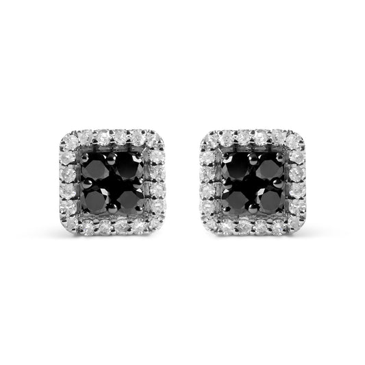 Pair of white metal square-shaped stud earrings with cluster of round black gemstones in the center, surrounded by a border of round white gemstones, shown from the front on a white background.
