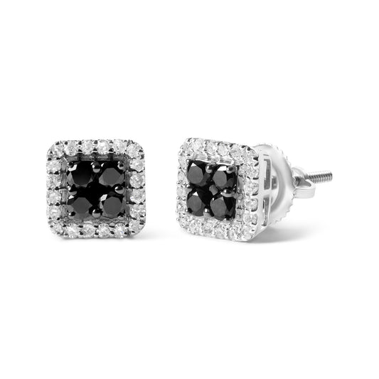 Pair of square-shaped white metal stud earrings with clustered black gemstones at the center, surrounded by a border of white gemstones, shown in a front and side angle on a white background.