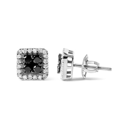 Pair of square white metal stud earrings with central black round gemstones surrounded by smaller white round gemstones, one earring shown from front and the other from side angle on a white background.