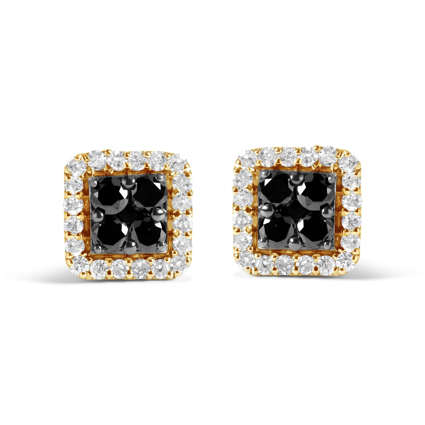Front view of square yellow metal earrings featuring clusters of black round gemstones in the center, surrounded by a border of white round gemstones in prong settings.