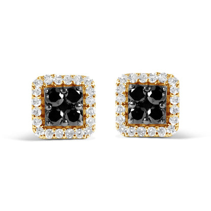 Front view of square yellow metal earrings featuring clusters of black round gemstones in the center, surrounded by a border of white round gemstones in prong settings.