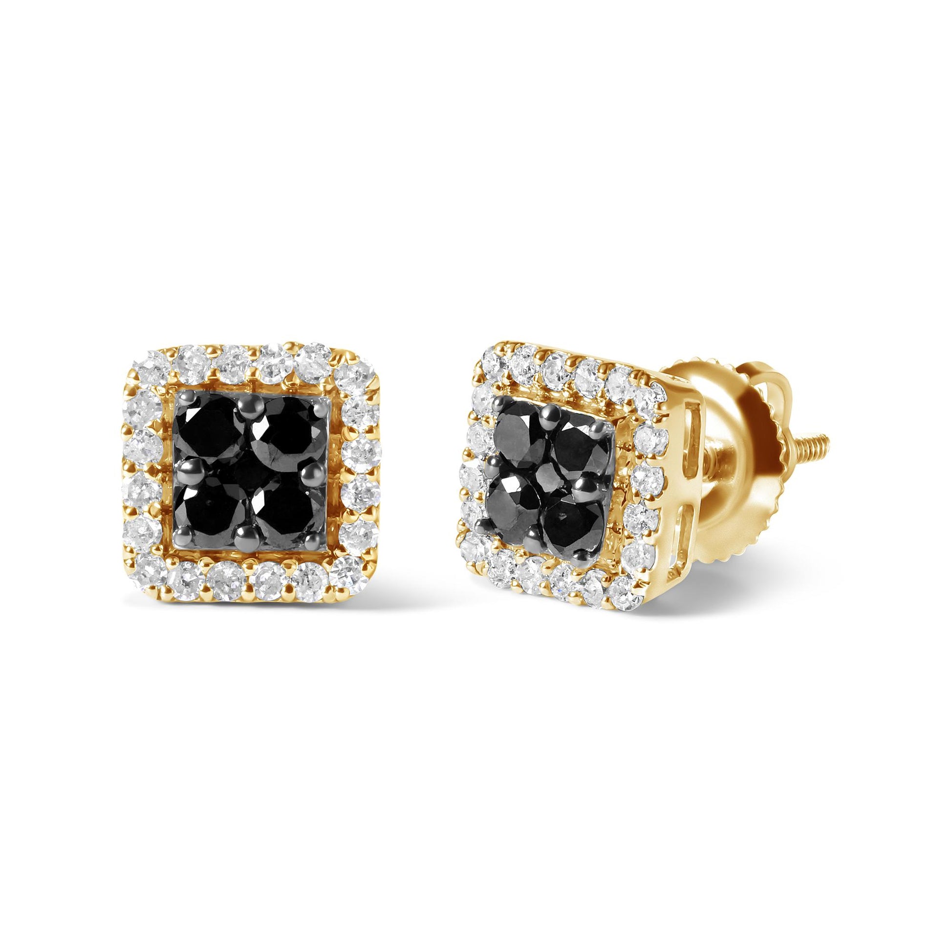 Front and side angled view of yellow metal square-shaped stud earrings with black gemstones in the center surrounded by white gemstones in a prong setting.
