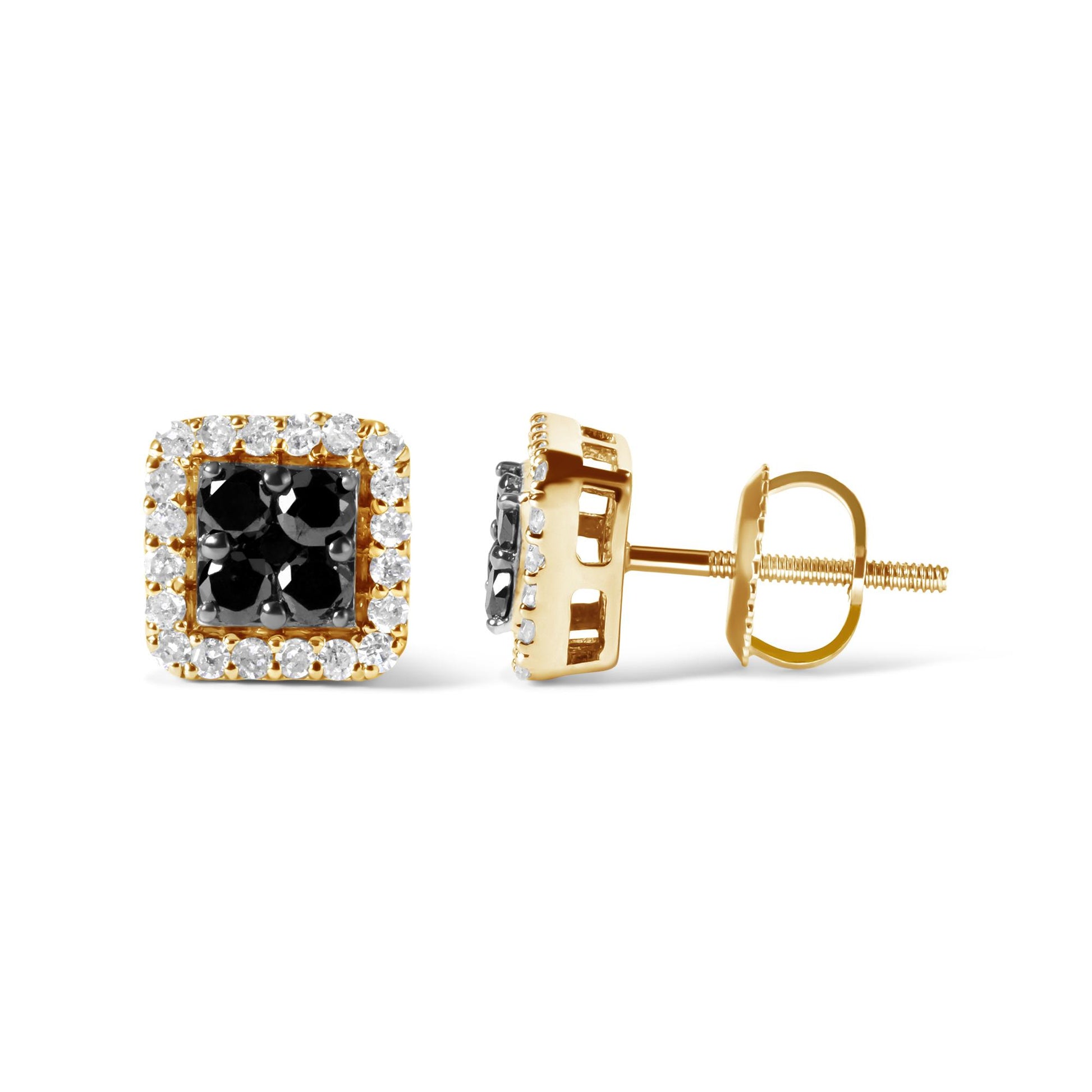 Close-up front and side view of square yellow metal stud earrings featuring clustered black gemstones in the center surrounded by a border of white gemstones.