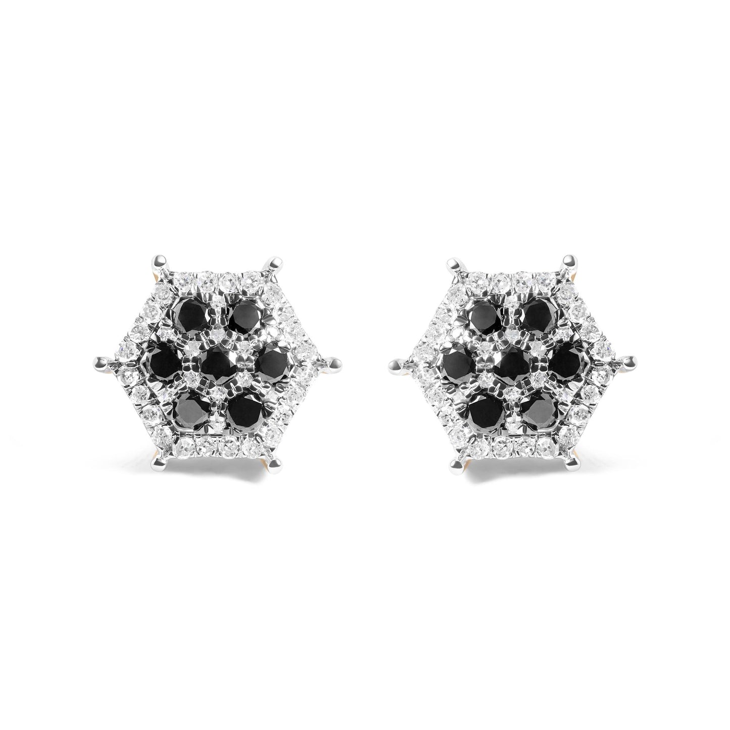 Front view of hexagonal yellow metal earrings featuring black and white round gemstones in prong settings.