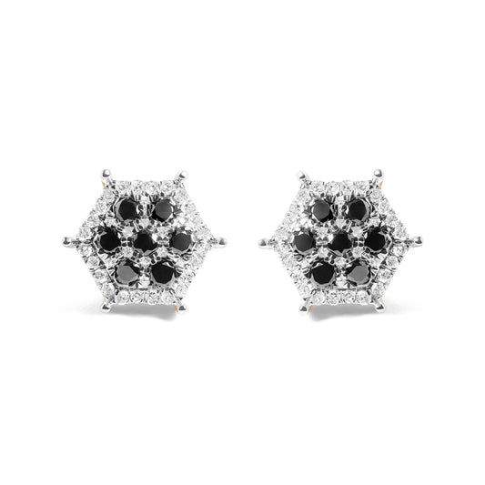 Front view of hexagonal yellow metal earrings featuring black and white round gemstones in prong settings.