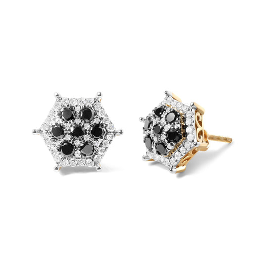 Pair of hexagonal yellow metal earrings with round black and white gemstones in prong settings, shown at front and side angles on a white background.